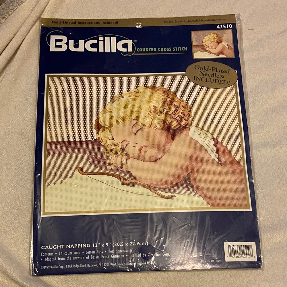 Bucilla Cross Stitch Kit - Sleeping Cherub with Gold and Cream
